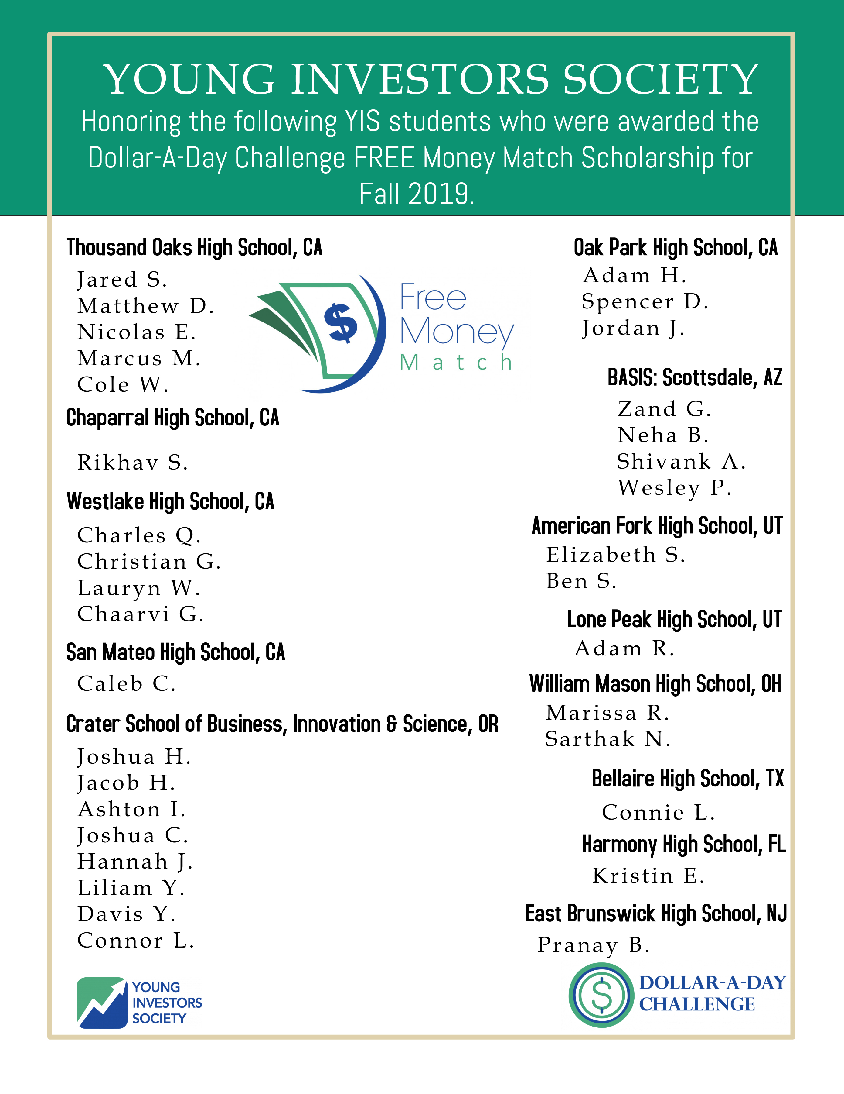 Congratulations to the Dollar-A-Day FREE Money March Scholarship Awardees for Fall 2019!