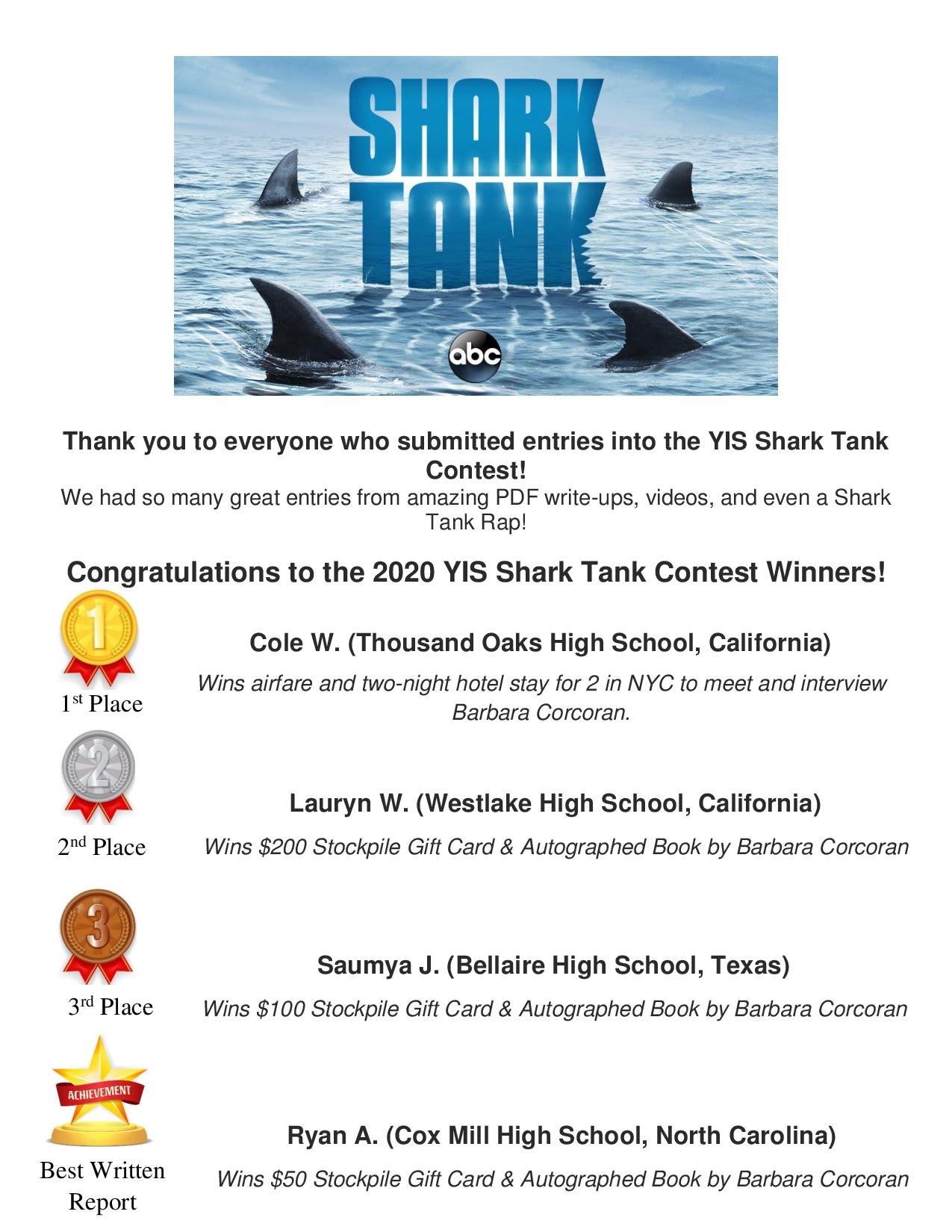 Congratulations to our 2020 Shark Tank Contest Winners!