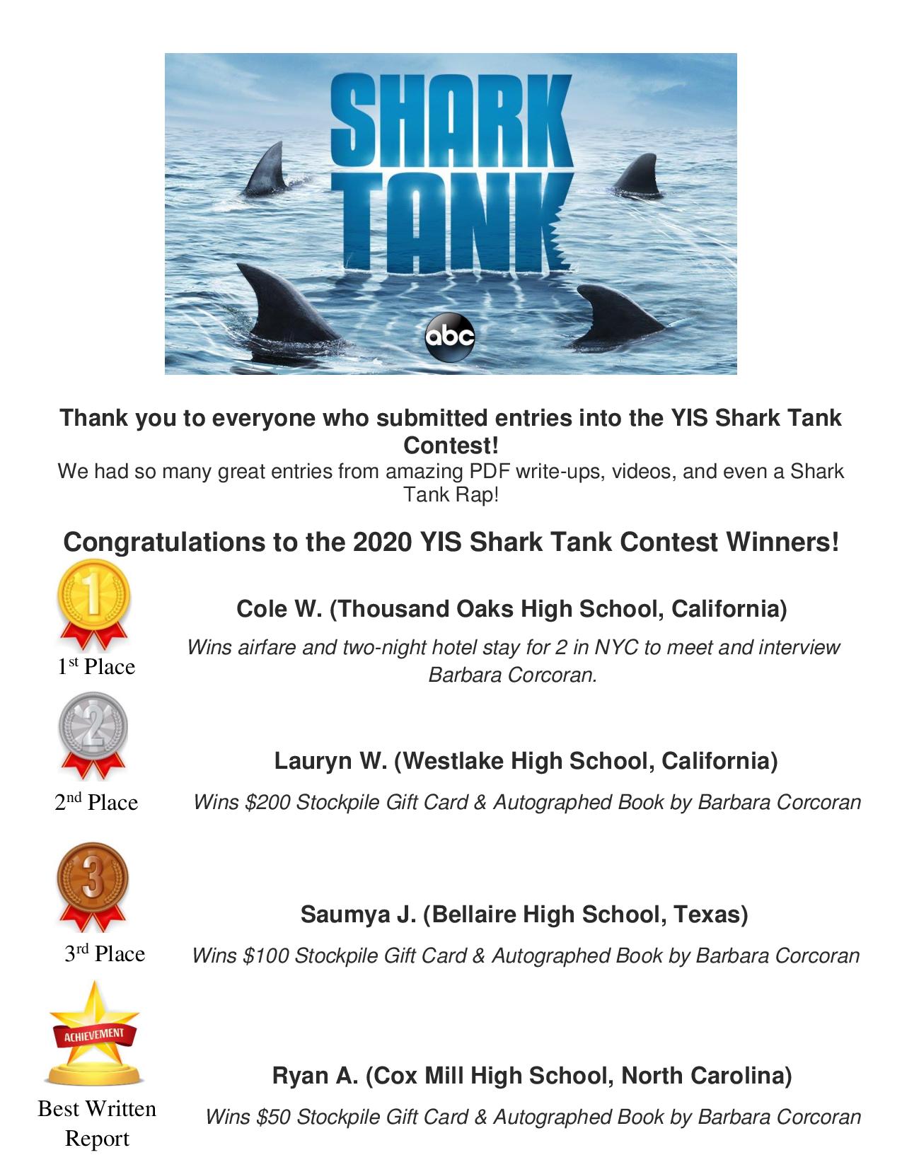 Congratulations to our 2020 Shark Tank Contest Winners! Young