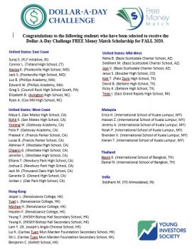 Dollar-A-Day FREE Money Match Scholarship Recipients Announced